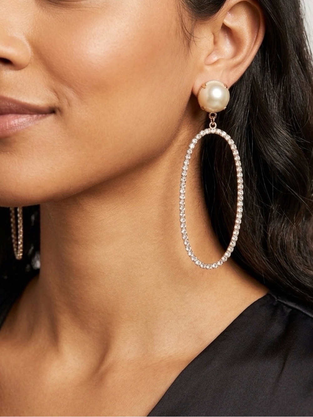 Pearl-Top Crystal Oval Hoop Earrings - Gold